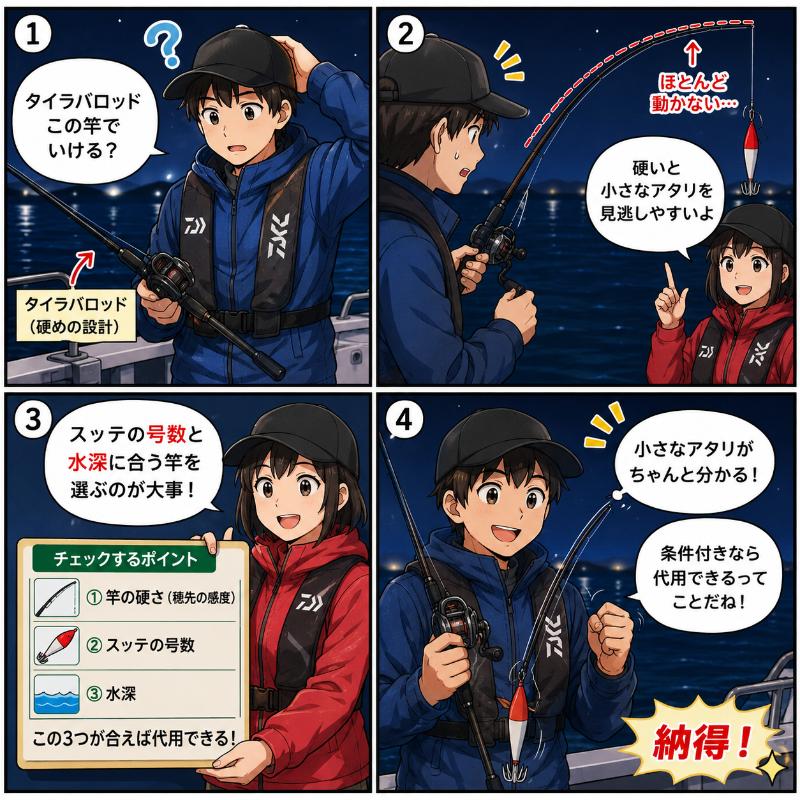 イカメタルロッドは代用できるのかを説明している漫画