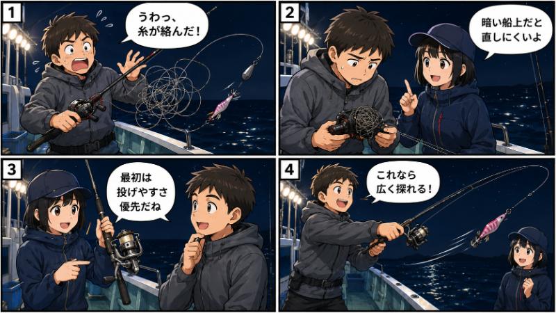オモリグリールはスピニングが基本を説明している漫画