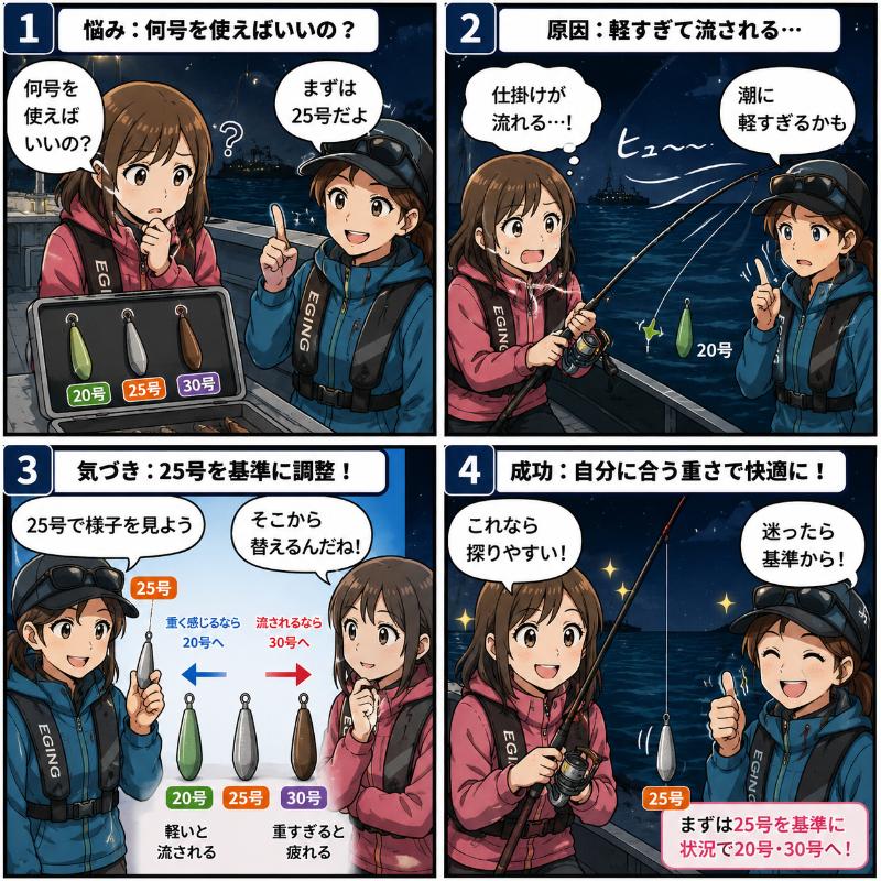 オモリグシンカーの選び方を説明している漫画