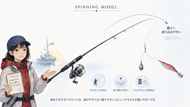 スピニングはキャストしやすく初心者にも扱いやすいを説明している図
