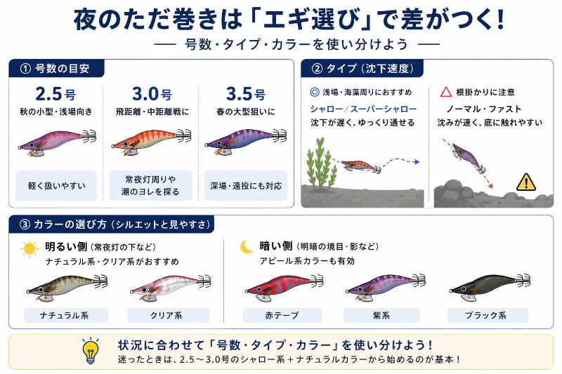 夜のただ巻きに向いているエギの選び方を説明している図