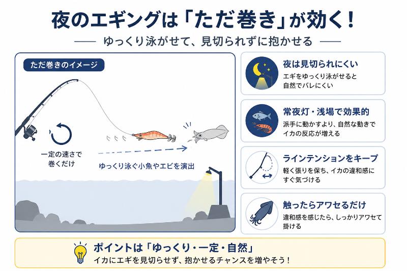 夜のエギングはただ巻きでもアオリイカを狙えるを説明している図