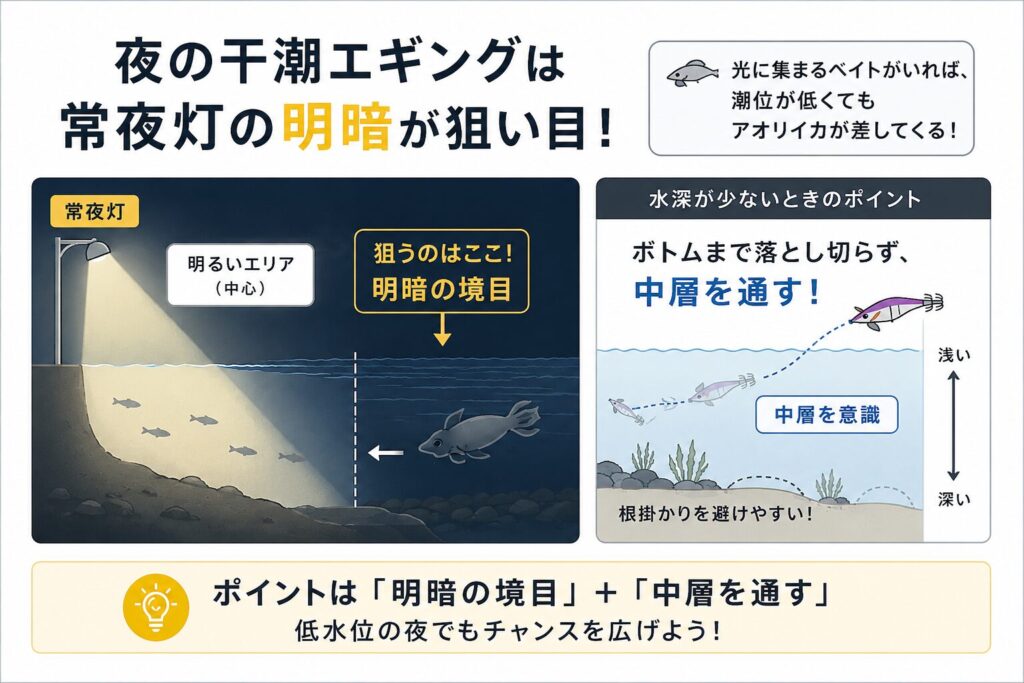 夜は常夜灯まわりの明暗も狙い目を説明している図