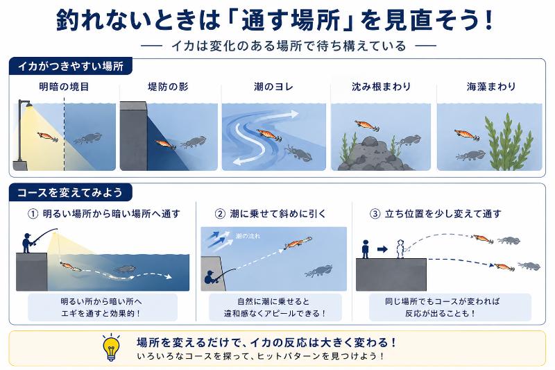 常夜灯の明暗や潮の変化を狙うを説明している図