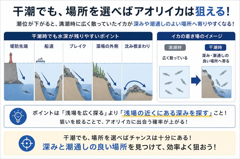干潮はイカの居場所が絞られやすいを説明している図