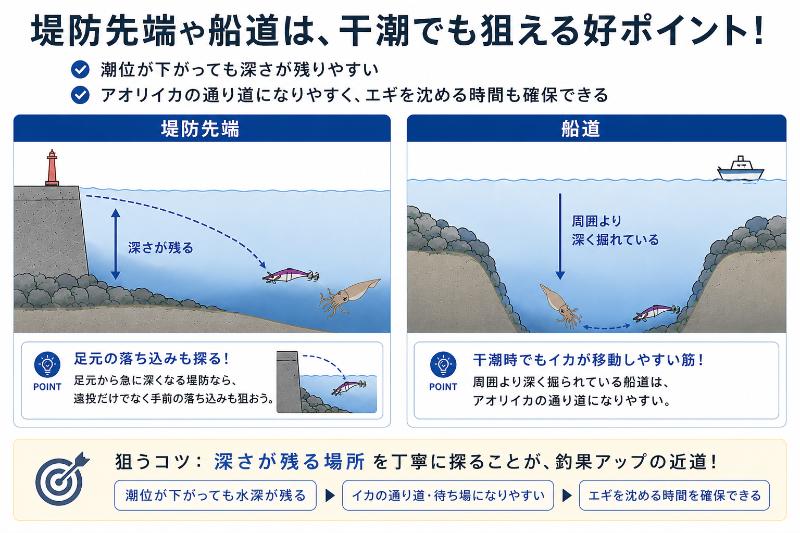 水深が残る堤防先端や船道を説明している図