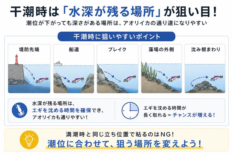 水深が残る場所なら干潮でも狙えるを説明している図