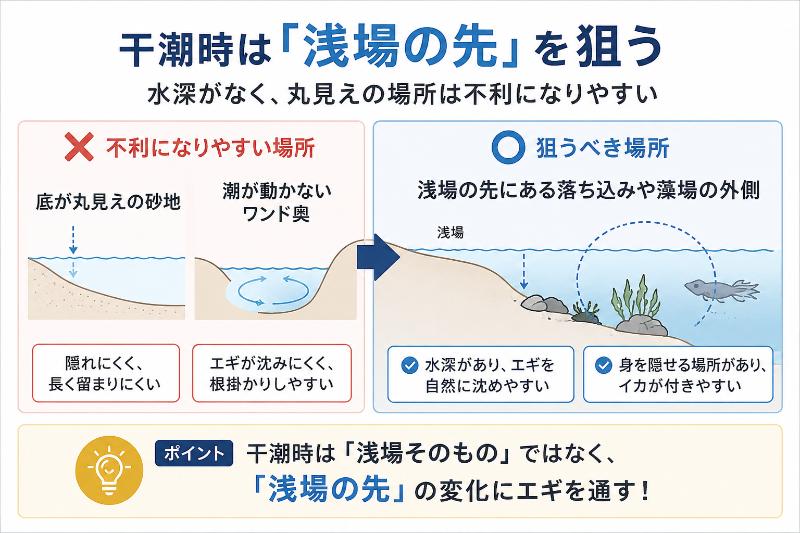 浅くなりすぎる場所は不利になるを説明している図