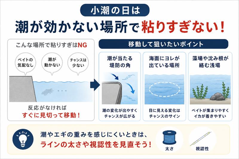 潮が効かない場所では早めに移動するを説明している図