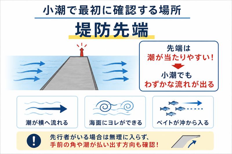 潮通しのよい堤防先端を説明している図
