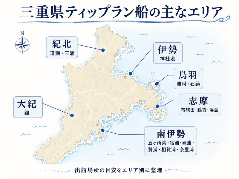 三重県のティップラン船の主な出船エリア。伊勢、鳥羽、志摩、南伊勢、大紀、紀北の位置関係を示した地図