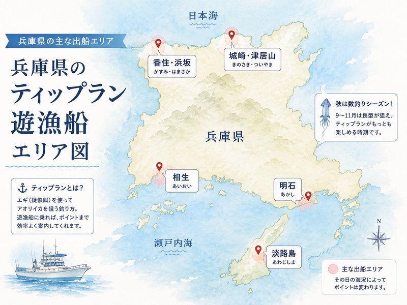 兵庫県のティップラン船の主な出船エリアを示した地図