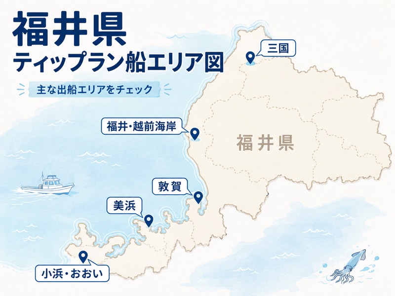 福井県のティップラン船の主な出船エリア。三国、福井・越前海岸、敦賀、美浜、小浜・おおいの位置関係を示した地図